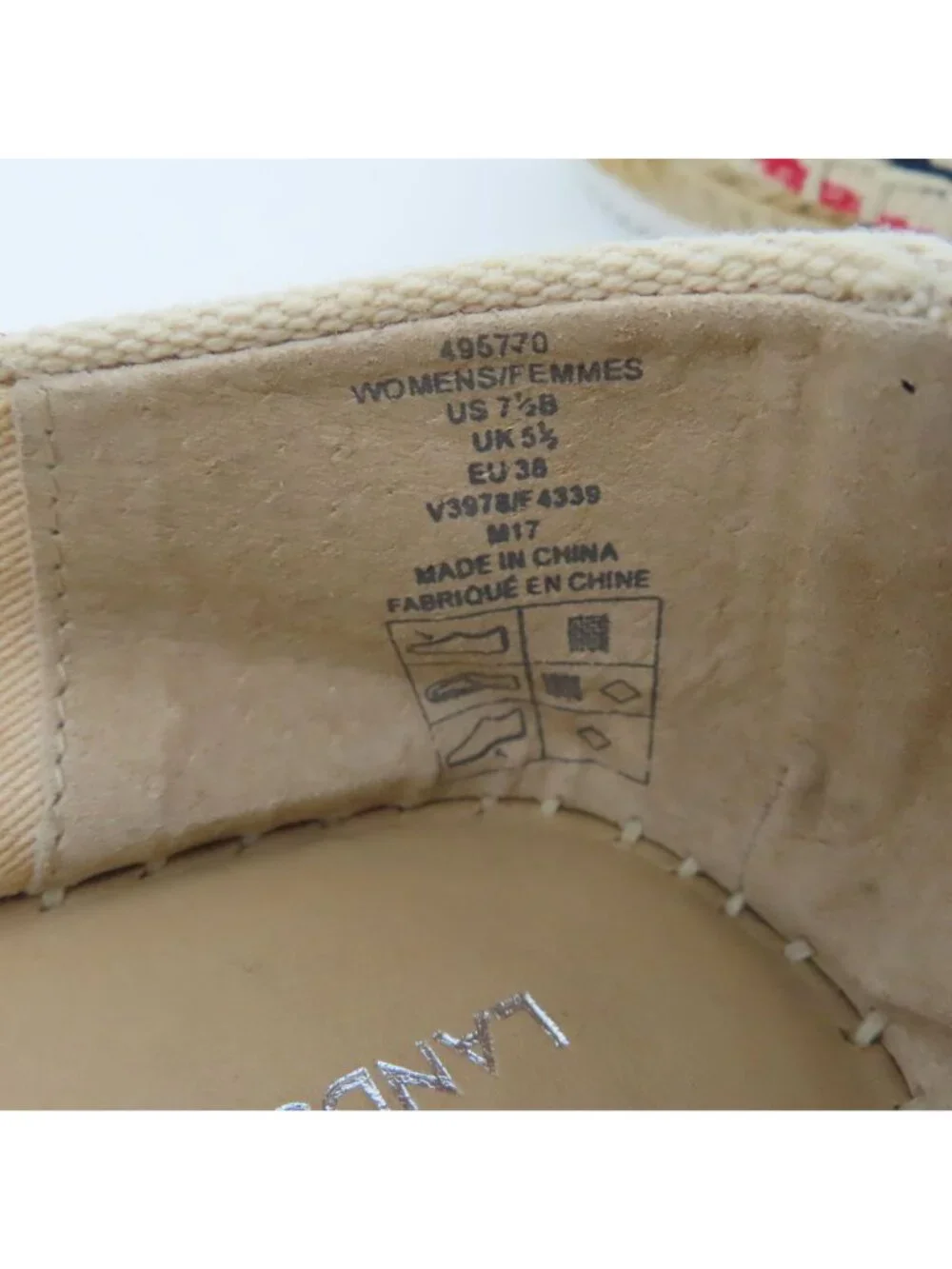 Lands End Women 7.5B Espadrille Flats Slip On Shoes Beige Red Blue Stripe Canvas